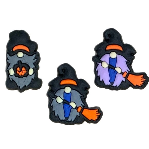 Halloween Gnome Witch Hat Wizard Broom Pumpkin Croc Charm Set of 3 - Picture 1 of 11